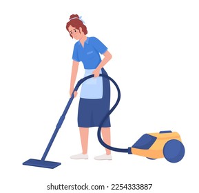 Female housekeeper cleaning with vacuum cleaner semi flat color vector character. Editable figure. Full body person on white. Simple cartoon style illustration for web graphic design and animation