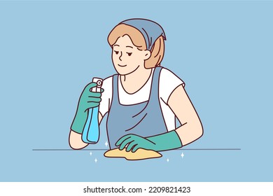 Female housekeeper with detergent and cloth working cleaning surface. Housewife take care of house cleanliness. Housekeeping and hygiene. Vector illustration. 