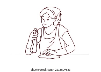 Female housekeeper with detergent and cloth working cleaning surface. Housewife take care of house cleanliness. Housekeeping and hygiene. Vector illustration.