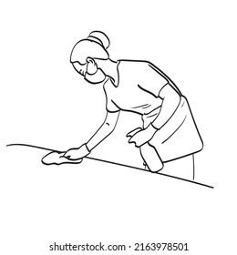 female housekeeper in face mask and gloves cleaning home in room illustration vector hand drawn isolated on white background line art.
