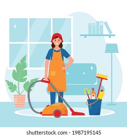 Female housekeeper or housewife washing floor. Cleaning house service concept. Woman with vacuum cleaner in living room. Vector illustration.