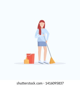 female housewife holding broom woman cleaner sweeping floor cleaning service housekeeping concept full length flat white background