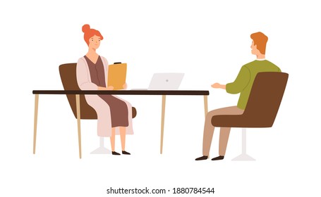 Female HR manager having job interview with male applicant vector flat illustration. Recruit and employer talking in office isolated on white. Head hunting, recruitment and candidate choice