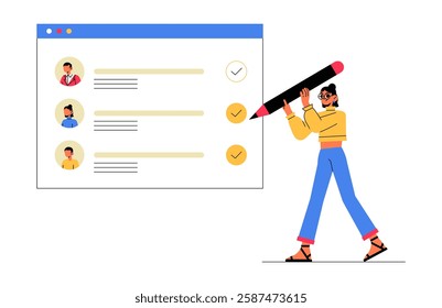 Female HR Manager Reviewing Candidate Profiles in Flat Vector Illustration Symbolizing Recruitment, Employee Selection, and Human Resources Management, Isolated on White Background.