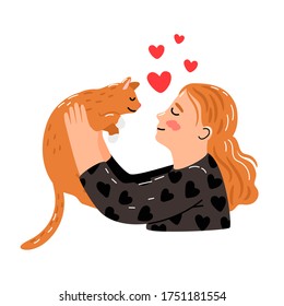 Female hugs cat. Cartoon young woman with smile hugging pet, girl lovely cuddling with kitten, vector illustration happy family and red hearts isolated on white background