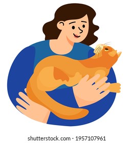 Female hugs the cat and looks at him with a smile. A woman with his pet. Flat vector illustration.