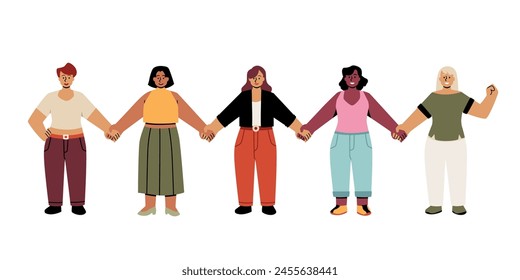 Female human chain vector illustration. International women's day. Cartoon multinational women group standing together in row holding hands. Community, social unity, solidarity protest, tolerance
