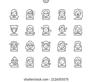 Female human emotions. Woman and girl face. Disappointed, happy, confused, cursing, shocked and other. Pixel Perfect Vector Thin Line Icons. Simple Minimal Pictogram