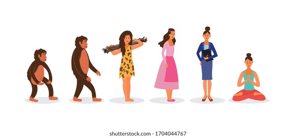 Female human evolution chain from monkey to yoga and meditation lover. Darwin cartoon woman evolving from ape to businesswoman and meditator - flat isolated vector illustration