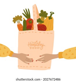 Female Human hands holding Eco bag full of vegetables isolated on white background. Eco-friendly shopper with fresh organic food from local market. Vector flat cartoon illustration