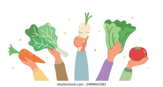 Manos humanas femeninas sosteniendo vegetales. Anuncio de ilustración de alimentos orgánicos. Comida fresca orgánica.