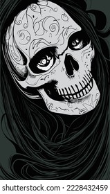 female human skull hand drawn vector black and white clip art
