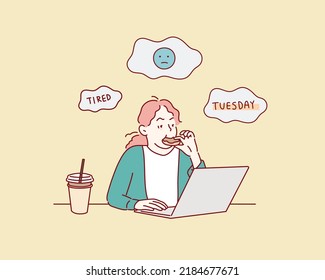  female hungry eat doughnut take away snack food with full mouth look at computer notebook. Hand drawn style vector design illustrations.