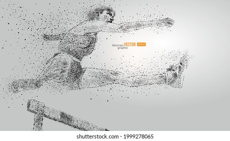 A female hurdler sprint is composed of particles on gray background. Abstract vector sports background.