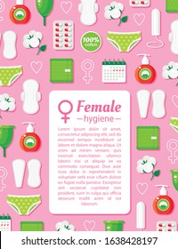 Female hygiene banner template with menstruation and contraception products for women - sanitary napkins, pantyliners, menstrual cups, tampons, birth control pills. Modern flat vector illustration.