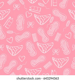 Artigos de higiene feminina. Padrão sem costura com almofadas, calcinhas, tampões, comprimidos, arco, pasta de dente e corações.