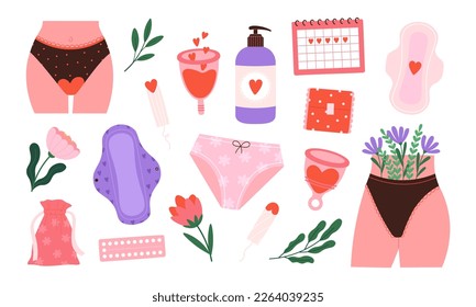 Almohadillas higiénicas para mujeres, pana, taza menstrual. Elementos de la época de la mujer, bragas de menstruación y objetos sanitarios. Comprimido de medicina femenina, conjunto de vectores de racy de salud femenina