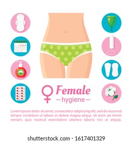 Female Hygiene Products Flat Banner Vector Template. Gynecology, Women Health Care Social Media Post Design With Cartoon Icons. Feminine Intimate Health Accessories Illustration With Text Space