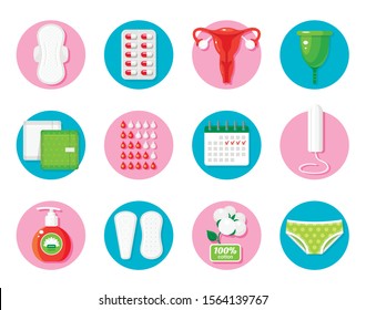 Female hygiene products flat vector icons set. Women intimate health care accessories isolated on white background. Sanitary pads, pills, menstrual cup, and panties illustrations. Gynecology symbols