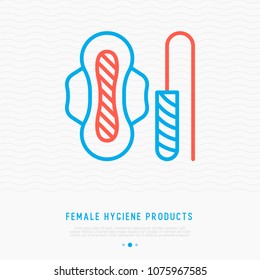 Female hygiene products: sanitary napkin and tampon. Thin line icon. Modern vector illustration.