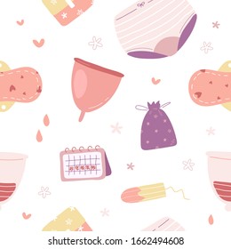 Female hygiene products seamless pattern. Menstrual cycle objects. Flat trendy hand drawn style. Isolated on white background.