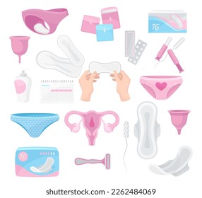 Hygieneprodukte für Frauen. Menstruationszeitsymbole. Uterus Innere Orgel, Tampon, Pads, Menstruationstasse, Hose, Vektorgrafik