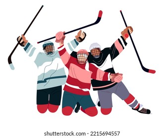 Hockey sobre hielo femenino. Felices jugadores con palo. Deporte de equipo de invierno. Equipo de hockey sobre hielo en acción. Dibujo a mano de moda ilustraciones planas vectoriales sobre fondo blanco.