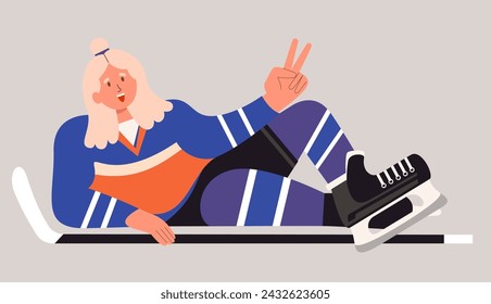 Female ice hockey. Ice-hockey player with stick. Winter team sport. Young ice hockey player in action. Trendy hand drawn vector flat illustration isolate on light background.