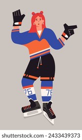 Female ice hockey. Ice-hockey player with stick. Winter team sport. Young ice hockey player in action. Trendy hand drawn vector flat illustration isolate on light background.