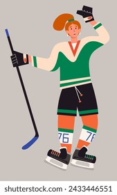 Female ice hockey. Ice-hockey player with stick. Winter team sport. Young ice hockey player in action. Trendy hand drawn vector flat illustration isolate on light background.