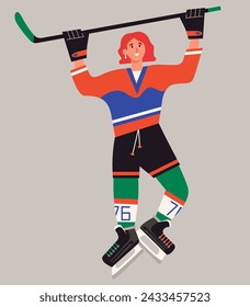 Female ice hockey. Ice-hockey player with stick. Winter team sport. Young ice hockey player in action. Trendy hand drawn vector flat illustration isolate on light background.