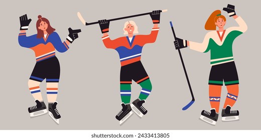 Eishockey-Frauen. Eishockeyspieler mit Stock. Wintersport im Team. Junge Eishockeyspieler in Aktion. Trendige Hand gezeichnete Vektor flache Illustration isolieren auf hellem Hintergrund.