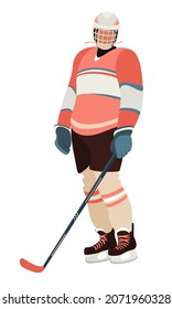 Female ice hockey player in hockey equipment. Hockey girl with stick . Winter team sport. Flat cartoon vector illustrations on white background.