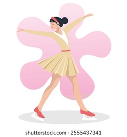 A female ice skater performing a graceful routine against a soft pink background, vector illustration.