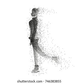 Female ice skater silhouette made of particles. Woman is moving on ice. Monochrome vector illustration.