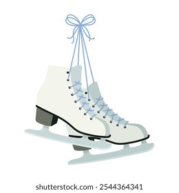 Female ice skates hanging on laces with bow isolated on white background. Winter sport equipment. Christmas time. Vector illustration