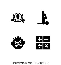 female icon. 4 female set with sings, search, yoga and angry vector icons for web and mobile app