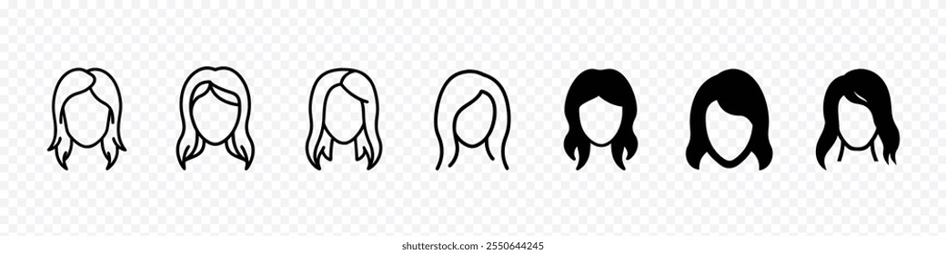 conjunto de iconos de usuario o avatar de icono femenino, conjunto de iconos de cabello corto, icono de cabello largo de mujer para salón de belleza, conjunto de iconos femeninos. Símbolo de Vector de cara de niña. Señal de avatar femenino, estilo de pelo de mujer