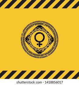 female icon black grunge emblem, yellow warning sign. Vector Illustration. Detailed.