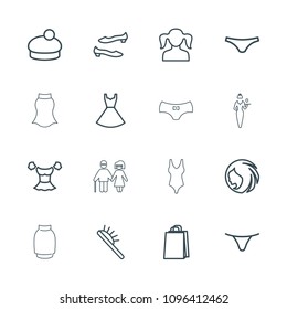 Female icon. collection of 16 female outline icons such as woman hairstyle, girl, hair brush, shoe, blouse, dress, woman hat. editable female icons for web and mobile.