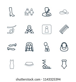 Female icon. collection of 16 female outline icons such as comb, woman boot, maid, sandals, shoe, swimsuit, bag, overcoat. editable female icons for web and mobile.