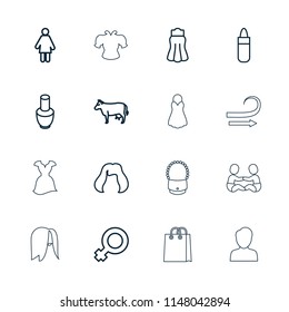Female icon. collection of 16 female outline icons such as cow, nail polish, lipstick, hairstyle, skirt, woman, woman symbol, man. editable female icons for web and mobile.