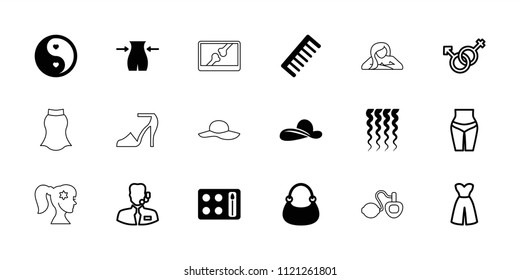 Female icon. collection of 18 female filled and outline icons such as comb, slim, bag, yin yang, dress, waist fitness, help support. editable female icons for web and mobile.