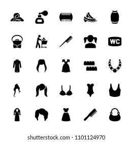 Female icon. collection of 25 female filled icons such as child building kit, comb, woman hairstyle, girl, sport bra, bag, skirt. editable female icons for web and mobile.