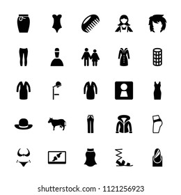 Female icon. collection of 25 female filled icons such as woman wc, comb, bikini, hair curler, maid, sandals, dress, woman pants. editable female icons for web and mobile.