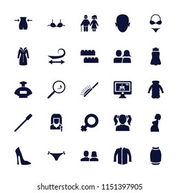 Female icon. collection of 25 female filled icons such as child building kit, perfume, man and woman, nailfile, curly hair. editable female icons for web and mobile.