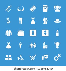 Female icon. collection of 25 female filled icons such as woman wc, hair curler, lipstick, bra, woman pants, dress, overcoat. editable female icons for web and mobile.