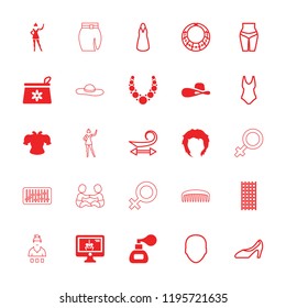 Female icon. collection of 25 female filled and outline icons such as make up bag, hairstyle, woman hat, x-ray on display, face. editable female icons for web and mobile.