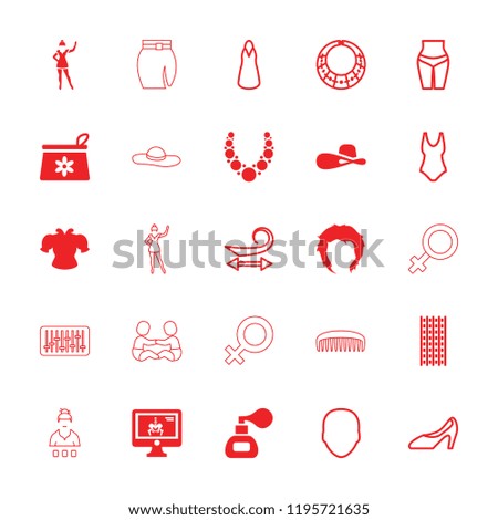 Female icon. collection of 25 female filled and outline icons such as make up bag, hairstyle, woman hat, x-ray on display, face. editable female icons for web and mobile.