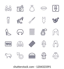 Female icon. collection of 25 female outline icons such as perfume, comb, hair curler, woman hairstyle, make up bag, woman shoe, wc. editable female icons for web and mobile.